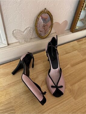 2000s Highlights Pink & Black Peep Toe Heels Size 8.5 Y2K Coquette Bow Pumps